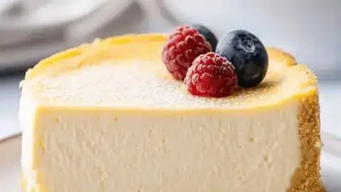 Irresistible New York Style Cheesecake topped with fresh berries