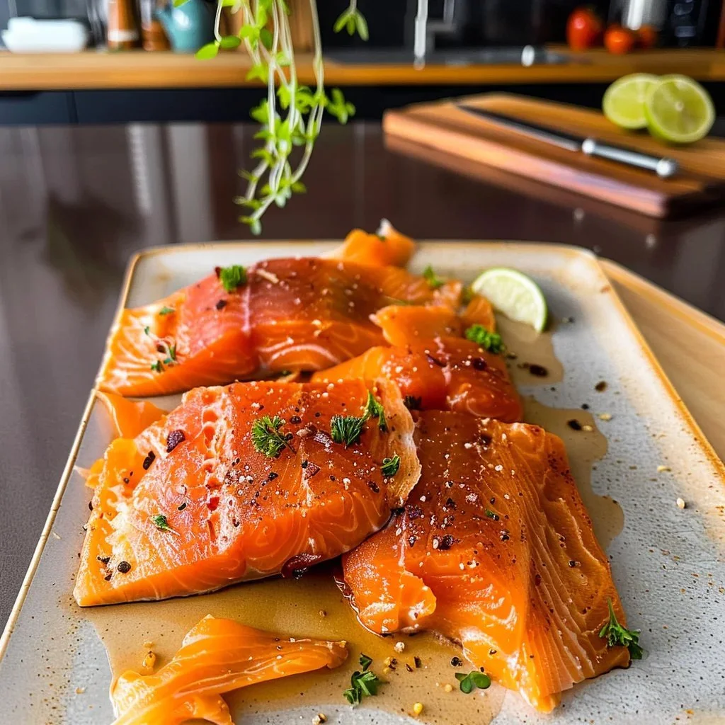 Delicious plate of irresistible smoked salmon served with garnishes