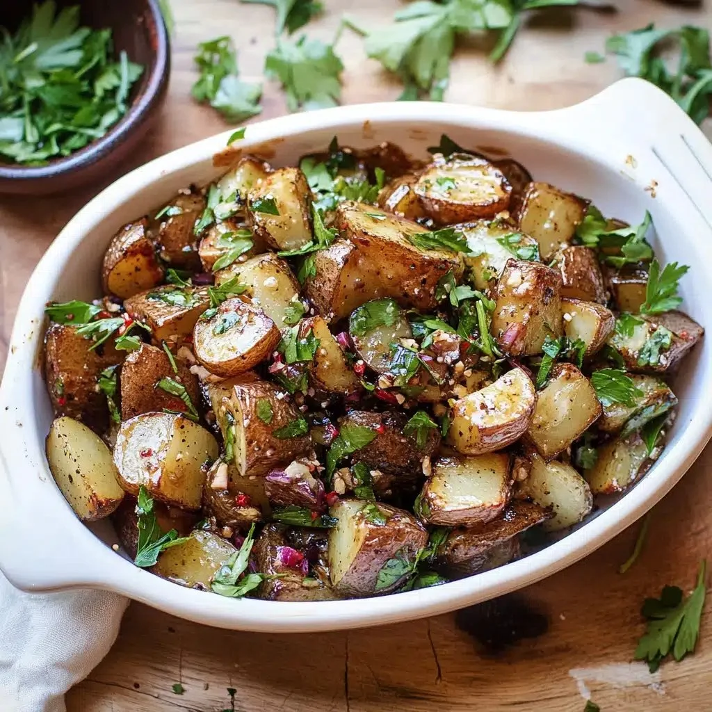 Balsamic potato salad served in a bowl with fresh herbs and vegetables
