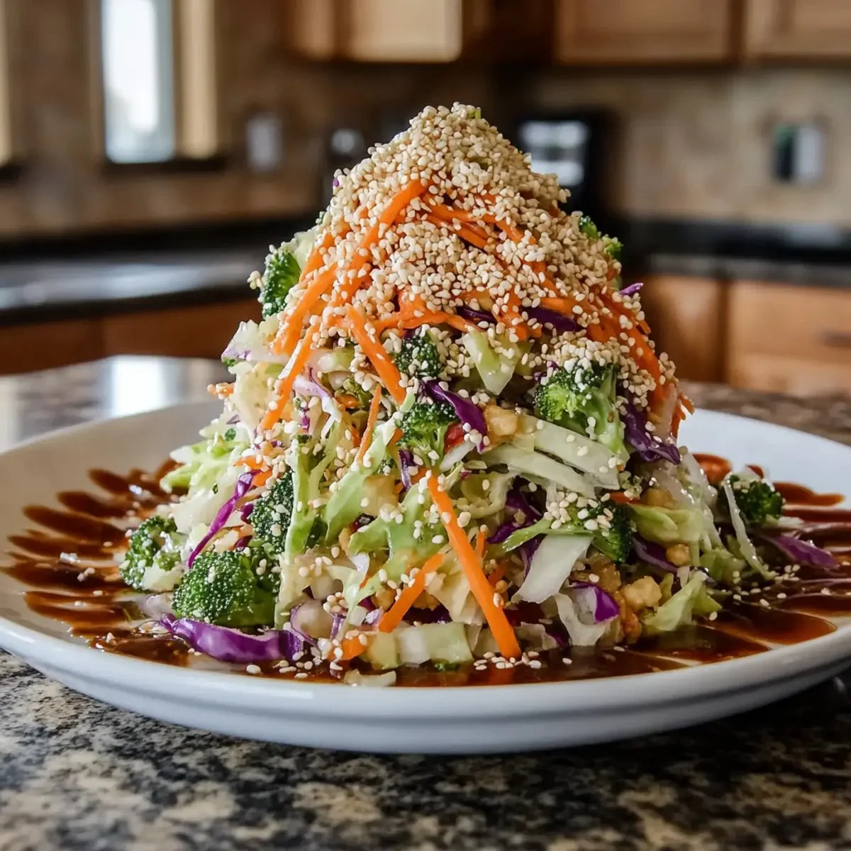 Bowl of crunchy Asian cabbage slaw garnished with fresh vegetables