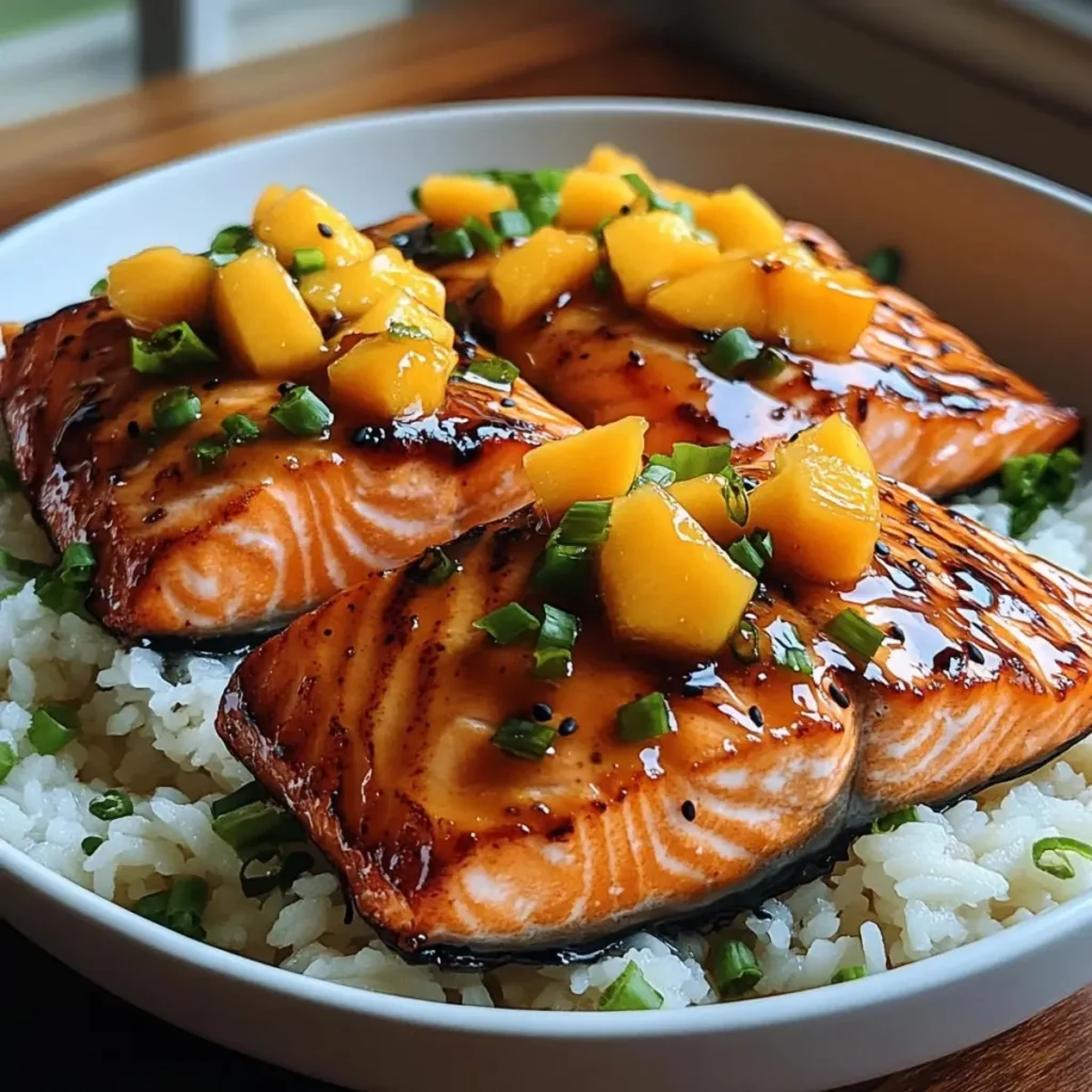 Delicious Mango Teriyaki Salmon served on a plate, ready to enjoy.