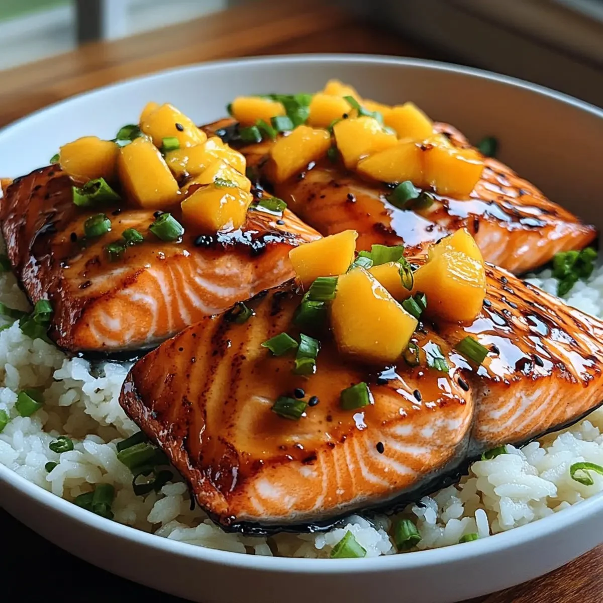 Delicious Mango Teriyaki Salmon served on a plate, ready to enjoy.
