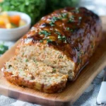 Deliciously moist chicken meatloaf served on a dinner plate with vegetables.