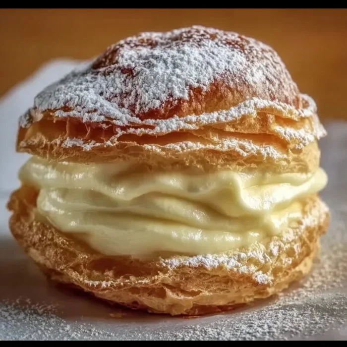 Delicious Italian cream puffs filled with creamy custard on a decorative plate.