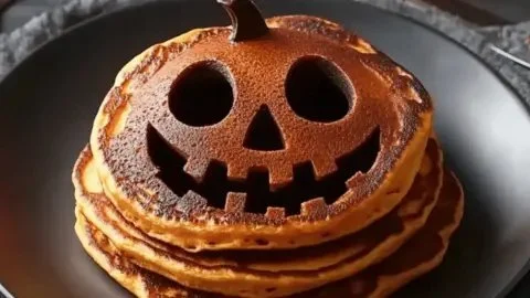 Delicious Jack O’ Lantern Pancakes served with syrup and whipped cream for Halloween.