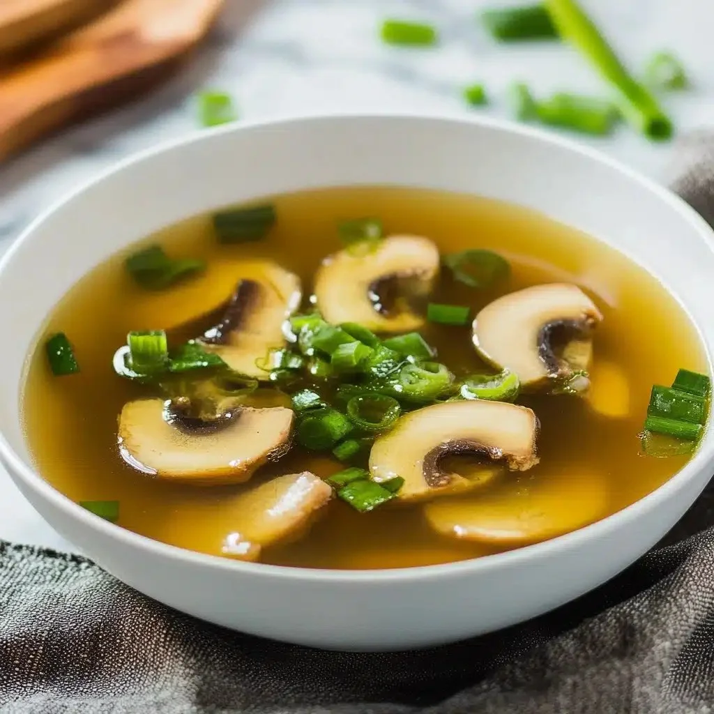 Bowl of traditional Japanese Clear Soup garnished with fresh herbs