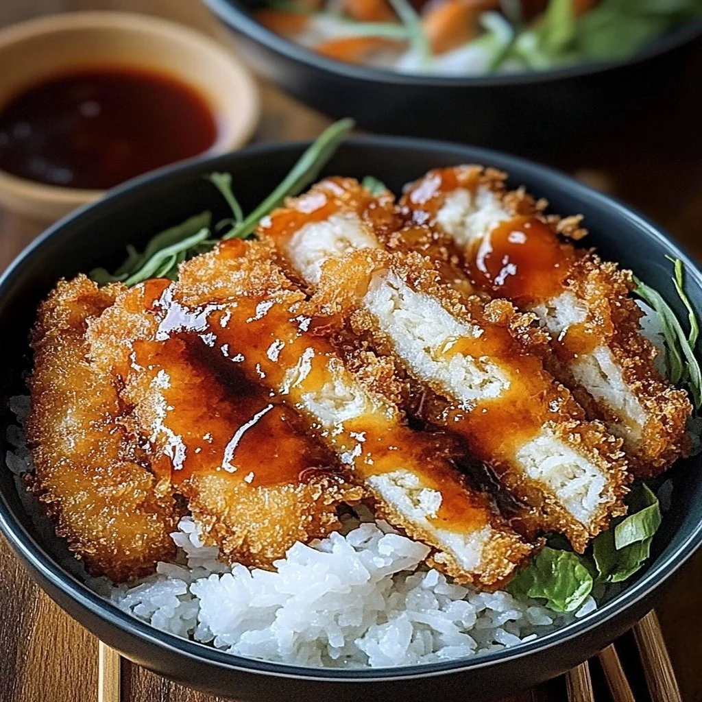 Delicious Japanese katsu bowl featuring tonkatsu sauce on crispy pork cutlet.