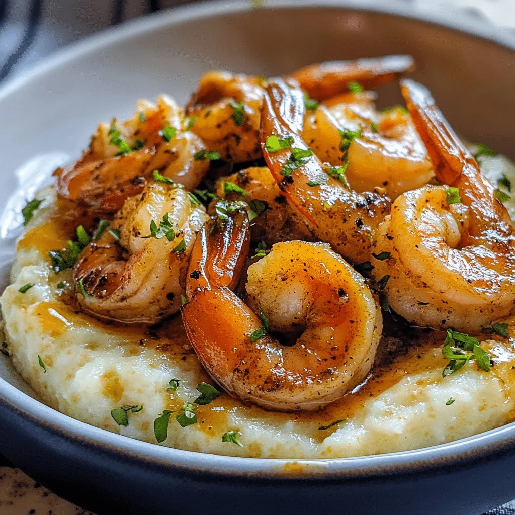 Delicious jerk shrimp served with cheesy grits on a white plate