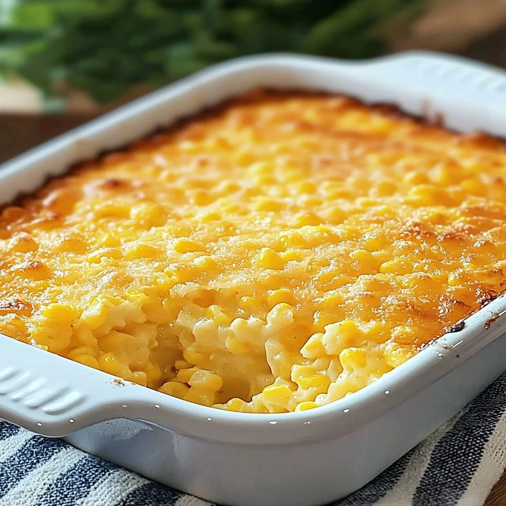 Delicious Jiffy corn casserole served in a baking dish