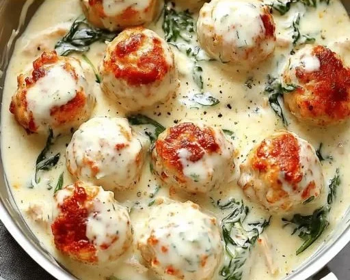 Juicy chicken ricotta meatballs served with spinach Alfredo sauce