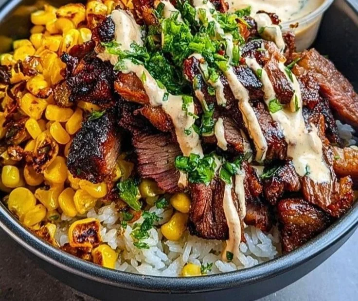 Korean BBQ Beef Bowl featuring tender beef, sweet corn, and creamy sauce