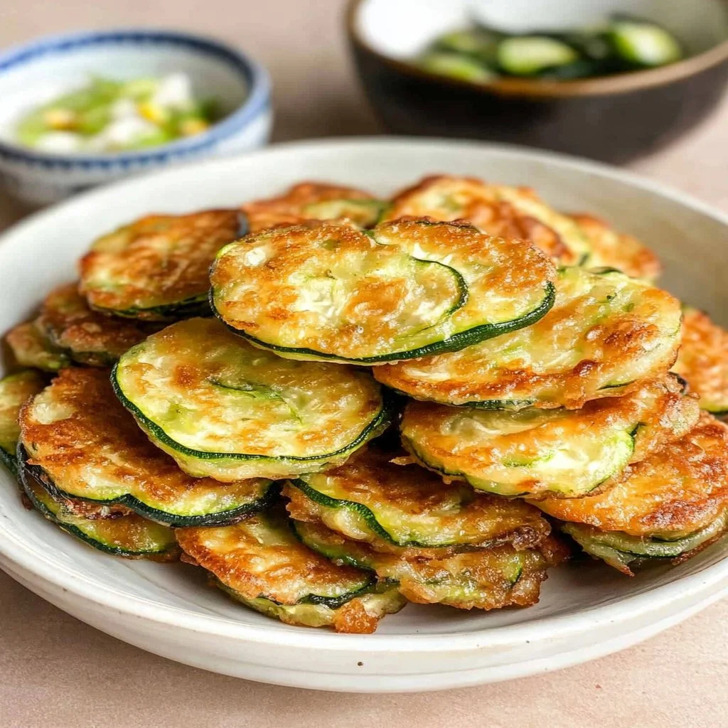 Crispy Korean zucchini fritters served on a plate with dipping sauce