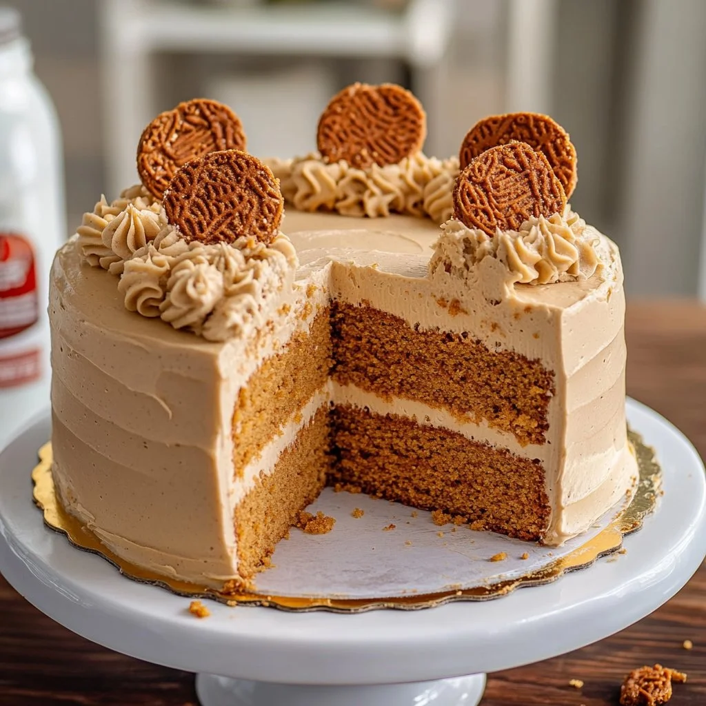 Layered Lotus Biscoff cake with creamy frosting and Biscoff cookie crumbles.