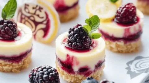 Lemon berry swirl mini cheesecakes garnished with fresh berries and lemon zest