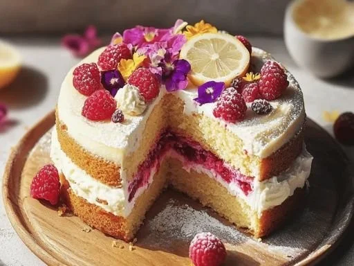 Lemon Raspberry Cake decorated with fresh raspberries and lemon slices