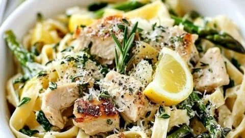 Plate of Lemon Rosemary Chicken Pasta with Asparagus and Spinach dish