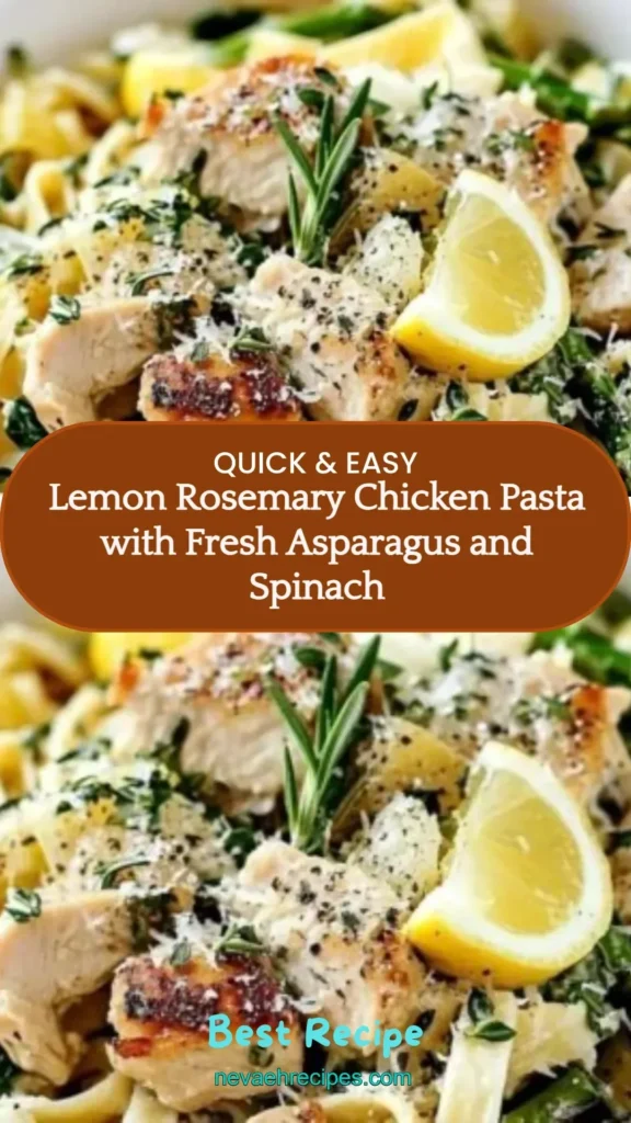 Plate of Lemon Rosemary Chicken Pasta with fresh asparagus and spinach