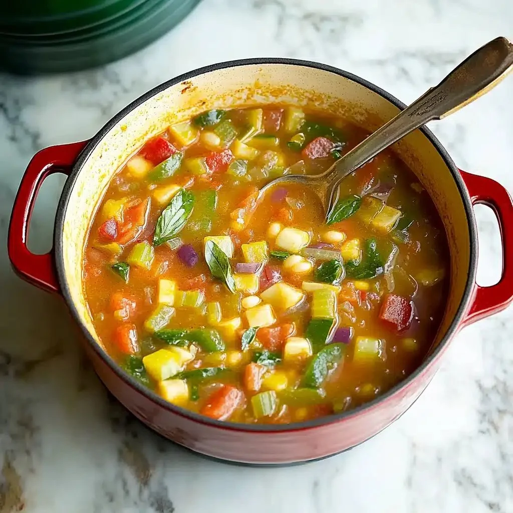 A bowl of light and fresh summer minestrone soup with colorful vegetables