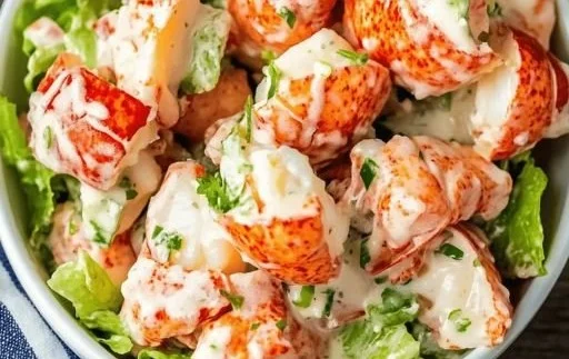 Delicious lobster salad served with fresh greens and dressing