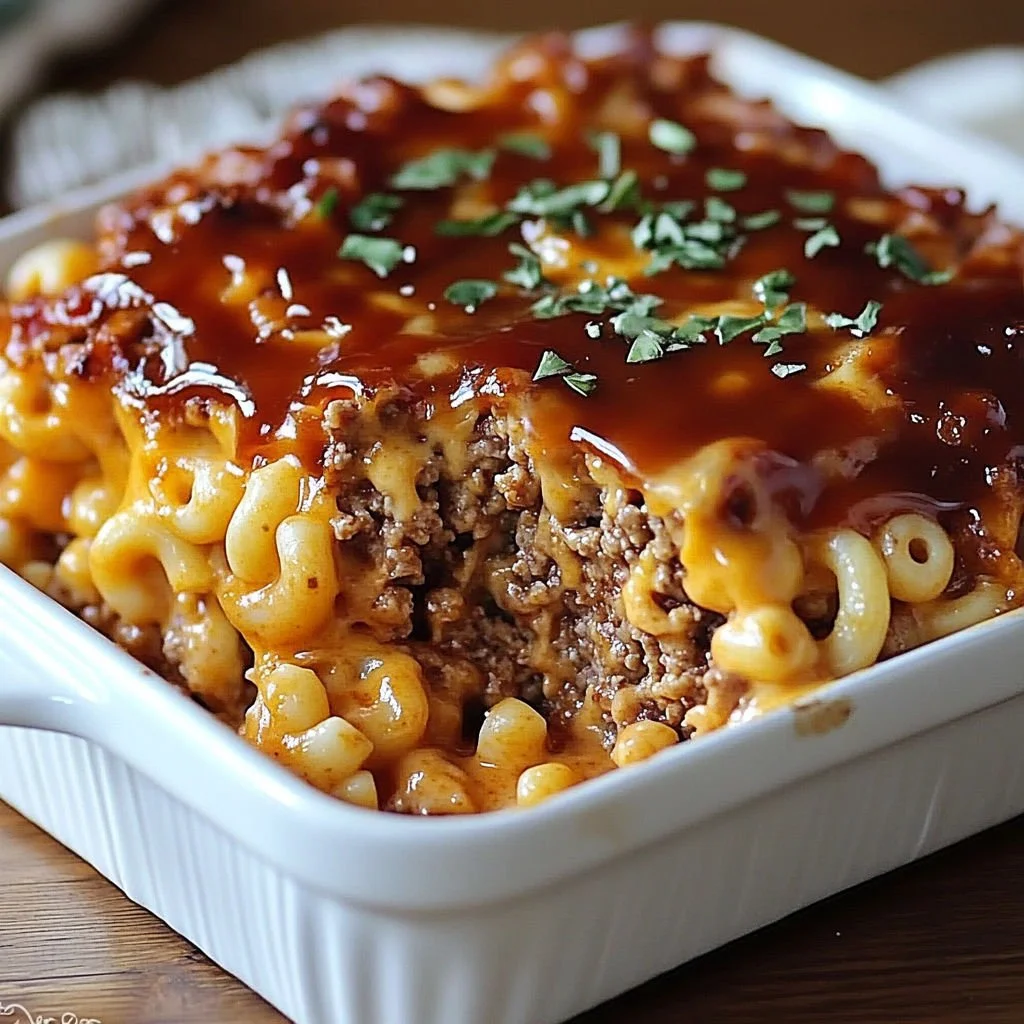 Delicious Mac and Cheese Meatloaf served on a plate with garnish.