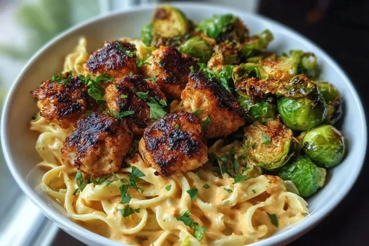 Maple chicken bites with spiced Alfredo and crispy Brussels sprouts plated beautifully