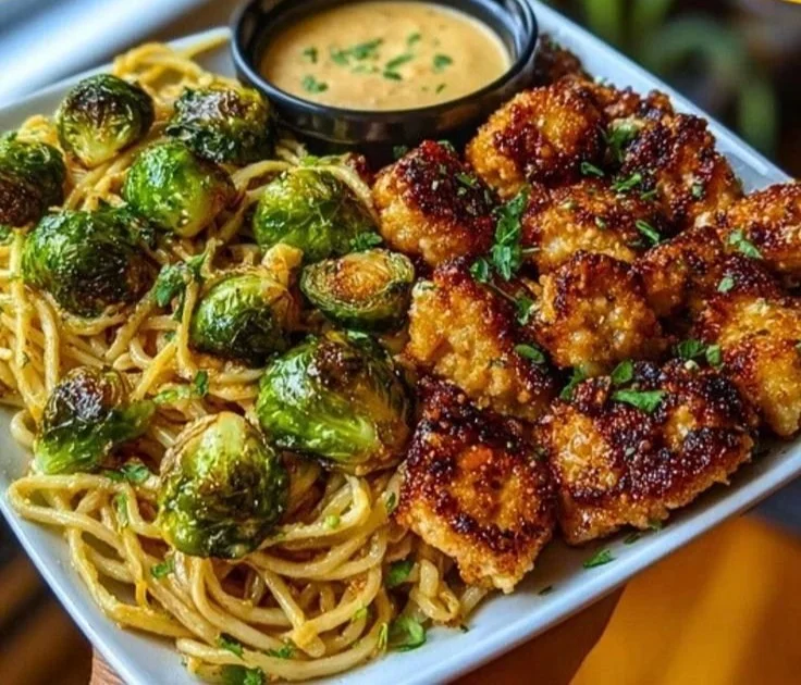 Maple Garlic Chicken Bites served with Spicy Cajun Alfredo and Crispy Brussels Twists