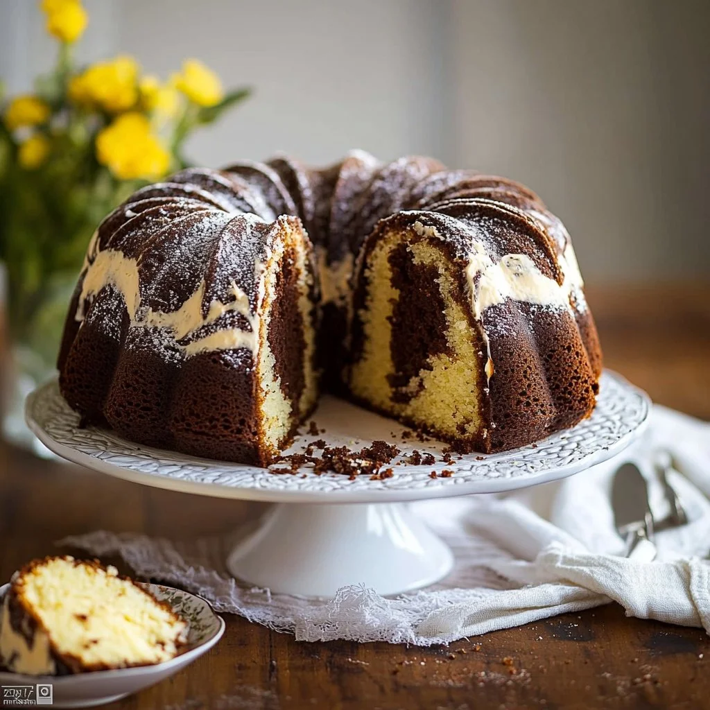 Delicious homemade marble cake with swirls of chocolate and vanilla.