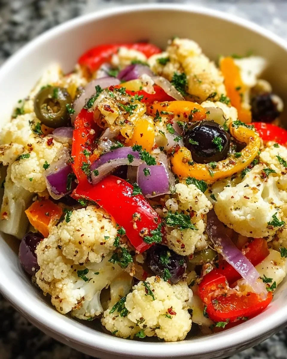 Delicious marinated cauliflower salad in a colorful bowl