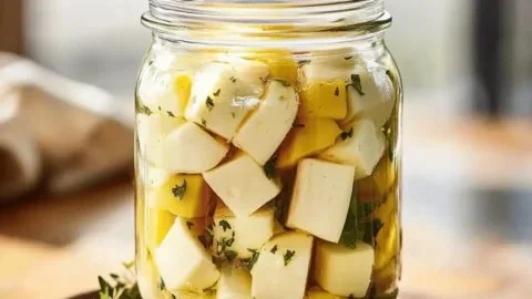 Delicious marinated cheese in a mason jar with herbs and spices