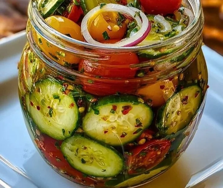 Bowl of marinated cucumbers, onions, and tomatoes for a fresh salad.