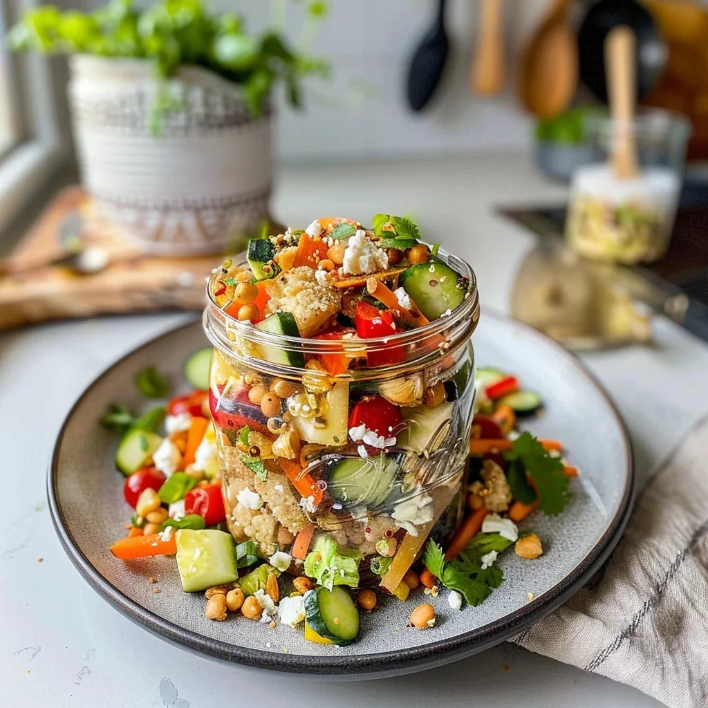 Colorful Mason Jar Salad with fresh vegetables and dressing layers