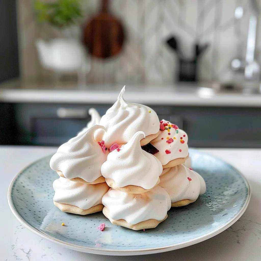A plate of light and crispy meringue cookies adorned with colorful sprinkles.