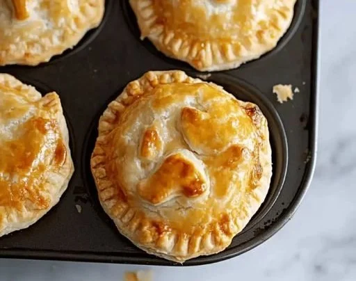 Mini chicken pot pies baked to golden perfection, filled with tender chicken and vegetables.