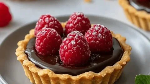Mini chocolate raspberry tarts topped with fresh raspberries and chocolate drizzle