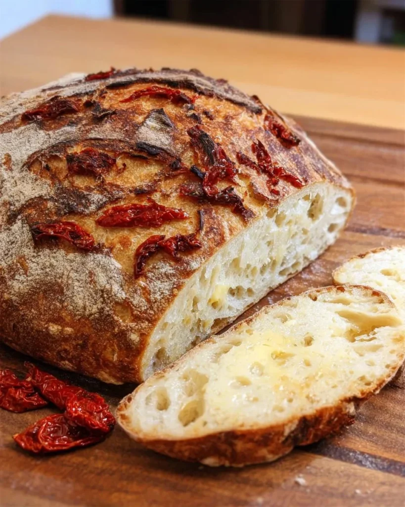 Mozzarella and sun-dried tomato sourdough bread fresh out of the oven.