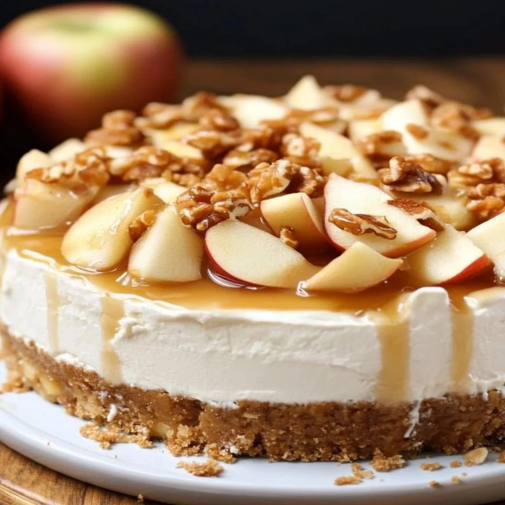 No-Bake Apple Pie Cheesecake topped with caramel and apple slices