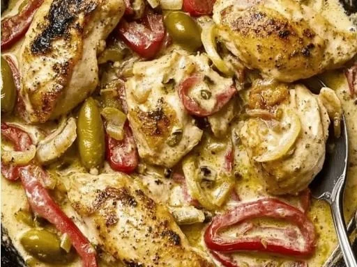 One-Pan Creamy Pepperoncini Chicken served with herbs and spices