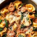 One-Pan Tortellini with Sausage dish served in a skillet