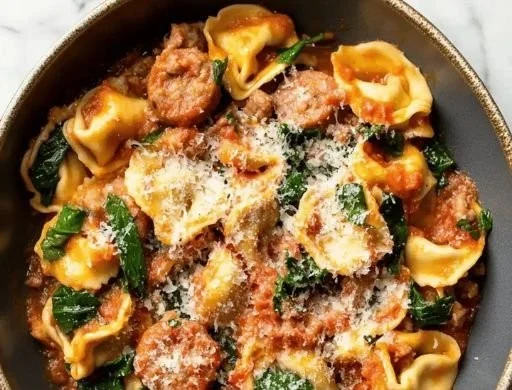 One-Pan Tortellini with Sausage dish served in a skillet