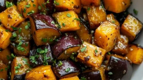 One-pot butternut squash and eggplant stir fry in a colorful dish