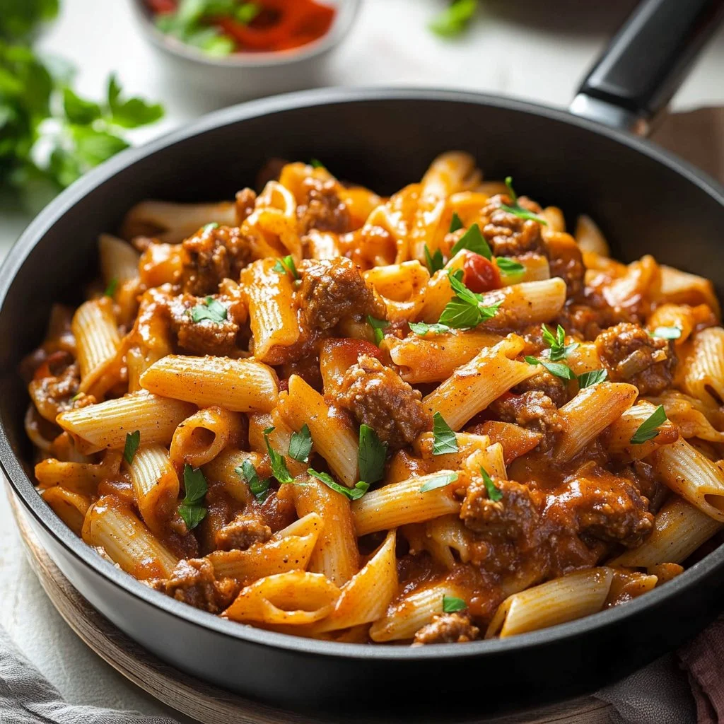 Delicious One Pot Cajun Beef Pasta served in a bowl with herbs