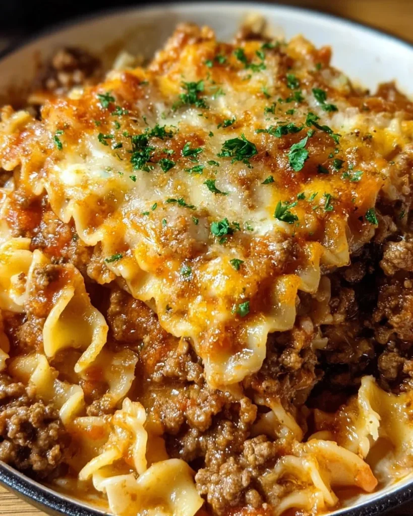Delicious one pot hamburger lasagna served in a bowl