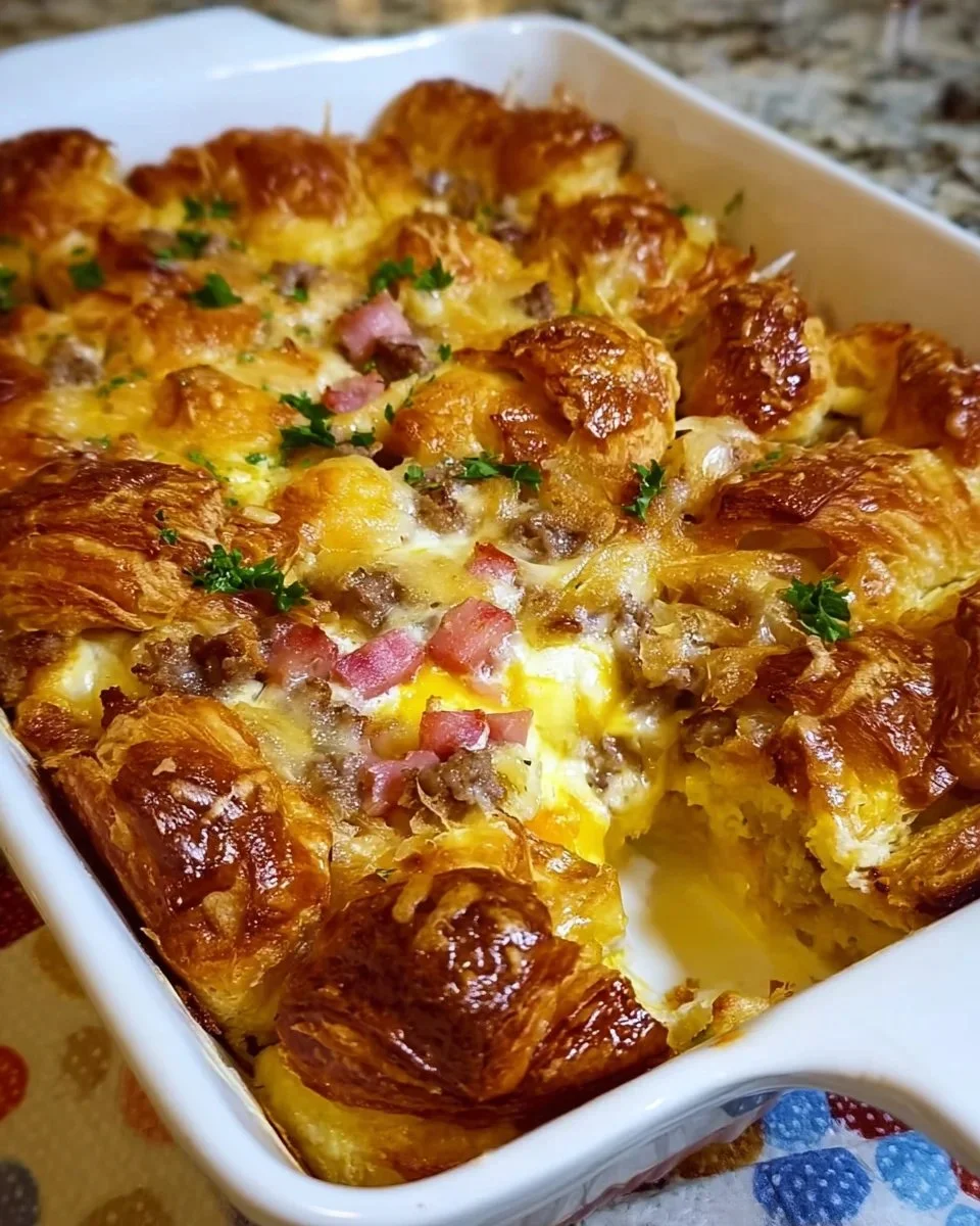 Overnight croissant breakfast casserole topped with fruit and custard in a baking dish