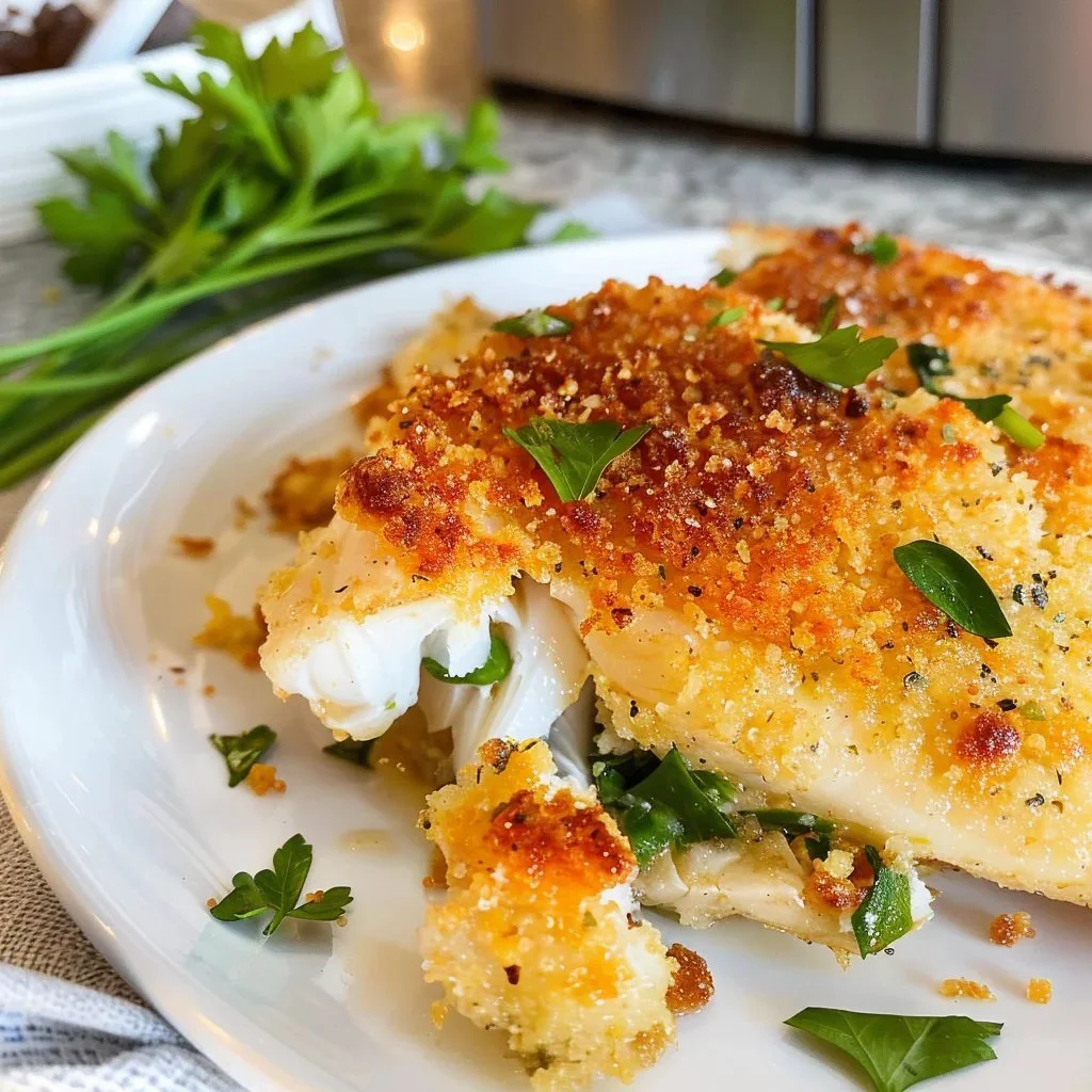 Parmesan Crusted Tilapia served on a plate with lemon and herbs
