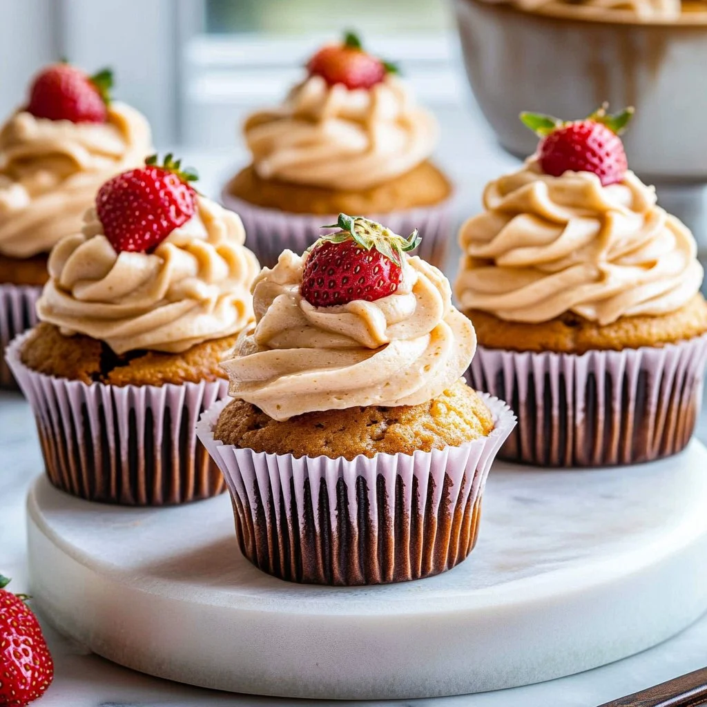 Peanut butter cupcakes topped with strawberry frosting on a white plate.