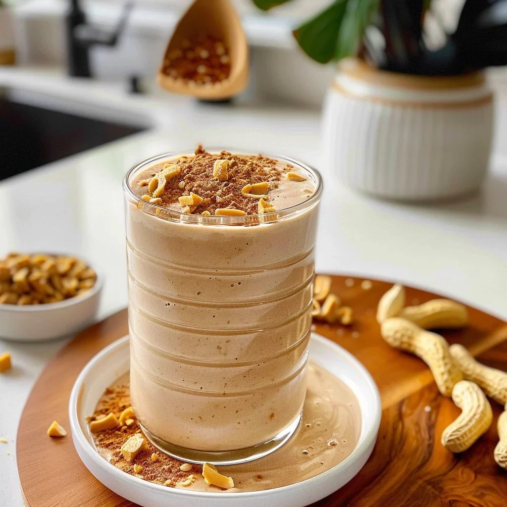 Creamy peanut butter smoothie with bananas and milk in a glass