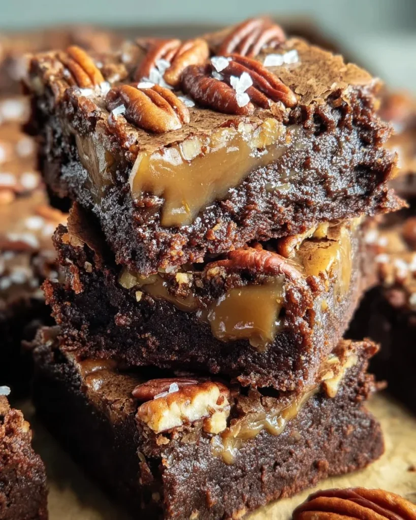 Delicious Pecan Pie Brownies topped with chocolate and pecans.