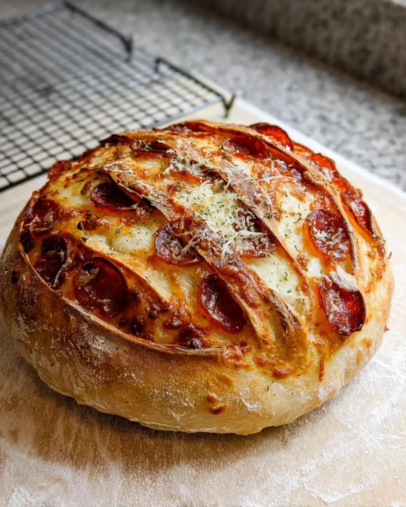 Homemade pepperoni pizza sourdough bread with melted cheese and toppings