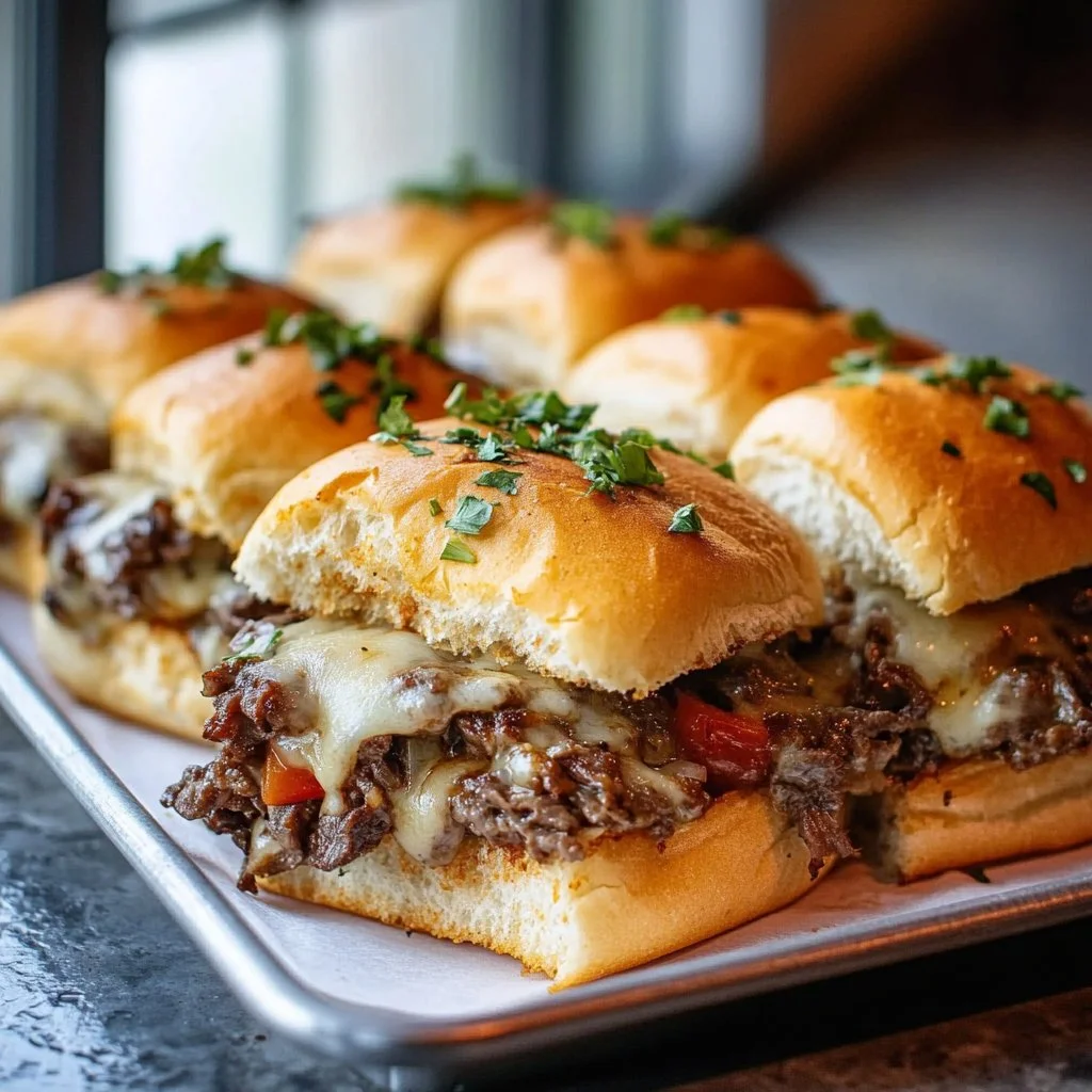 Delicious Philly Cheesesteak Sliders served on a platter