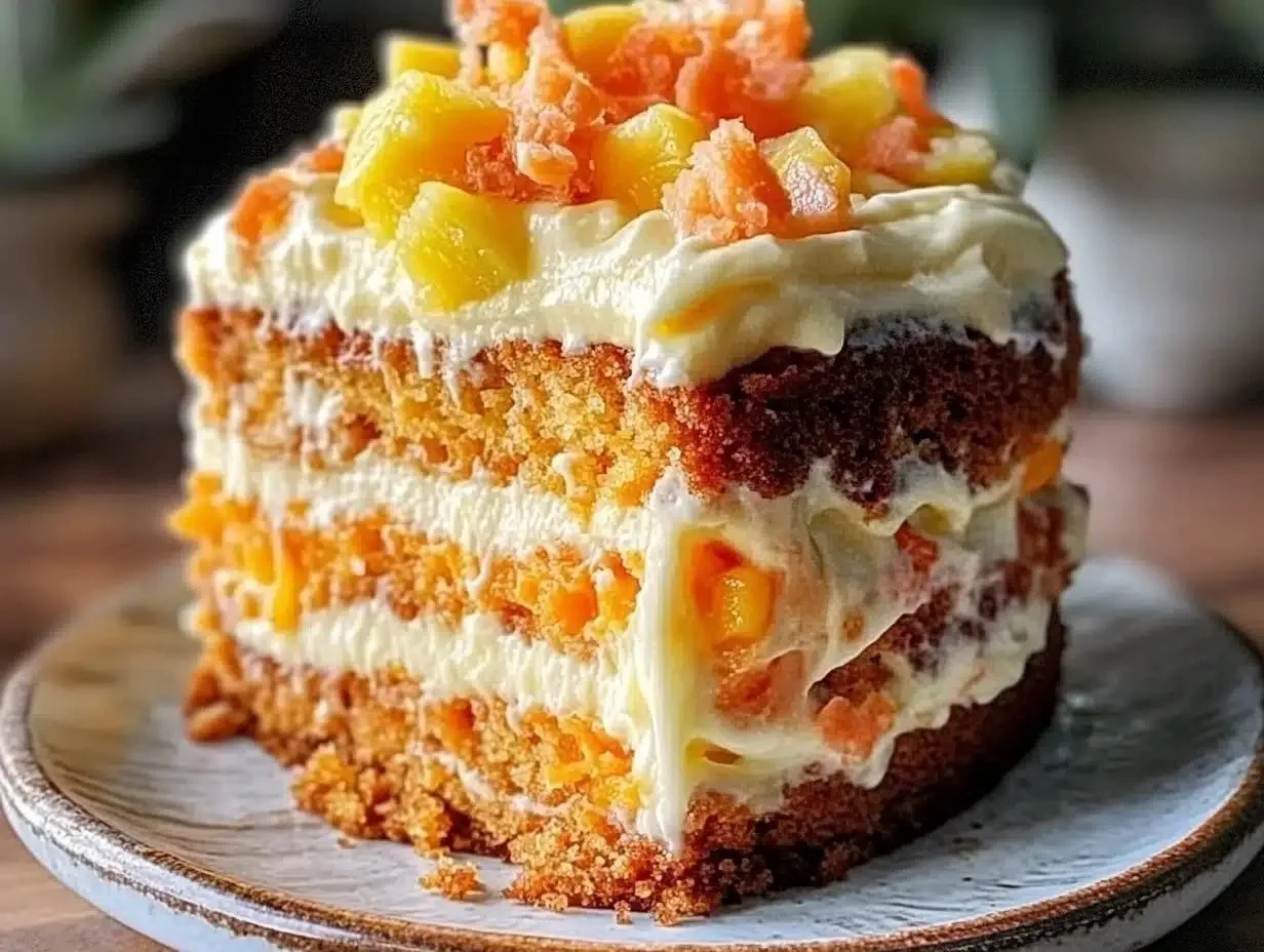 Delicious Pineapple Carrot Cream Cake topped with creamy frosting